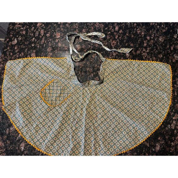 Vintage Half Apron With Pocket & Yellow Trim Green & Orange Floral Design Cotton - Picture 4 of 8